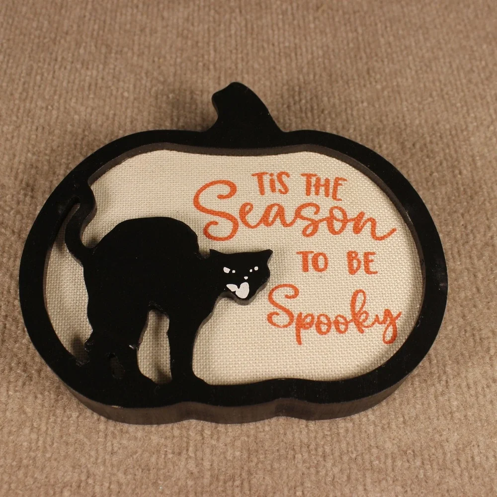 Halloween Black Cat Pumpkin Wood Sign Tis The Season To Be Spooky Decor